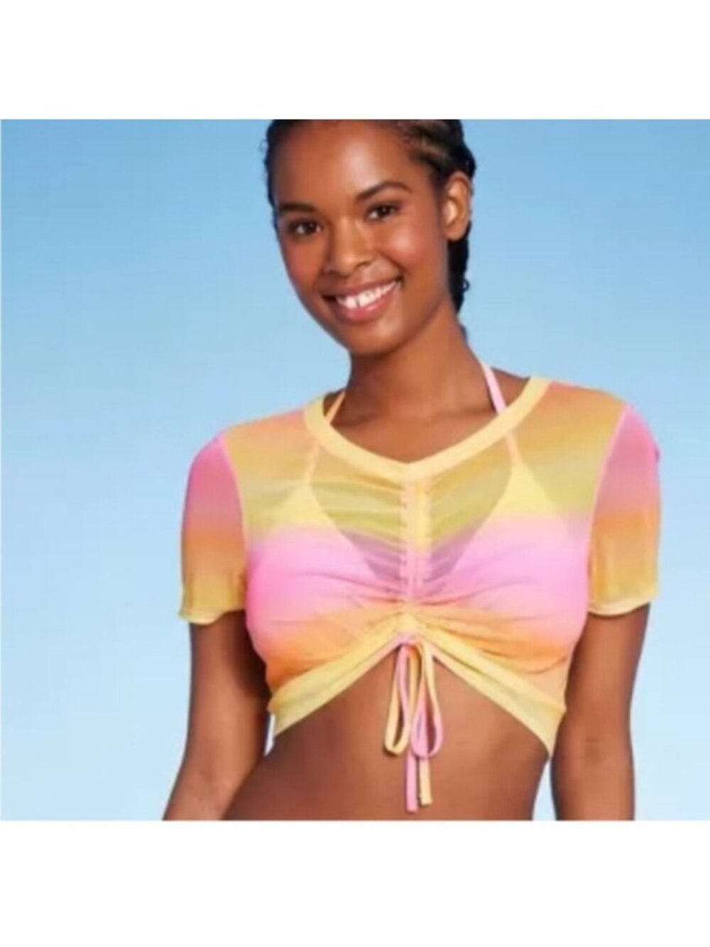 Wild Fable Womens 1X Pink Ombre Sheer Ruched Drawstring Crop Top